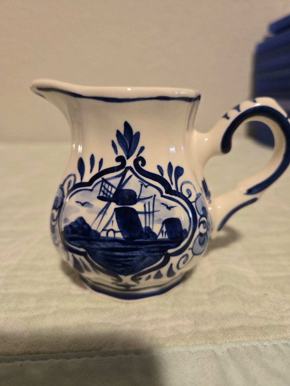 Vintage Delft Blue Ceramic Dutch Windmill Pitcher.